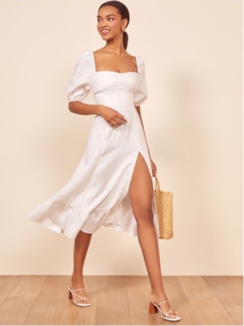 Reformation Belgium 100% Linen White Puff-Sleeve Sweetheart Neck Midi Dress